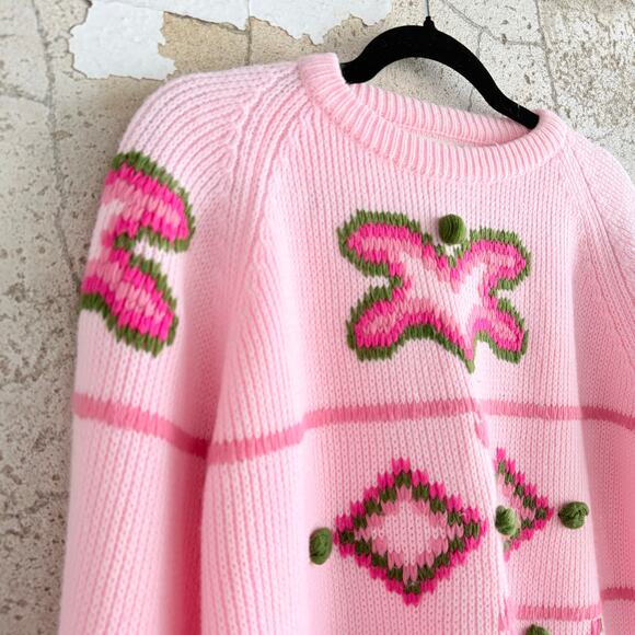 Vtg 80s Sweater Pink Textured Knit Green Pom Coquette Granny Cottagecore Women L - Picture 2 of 10